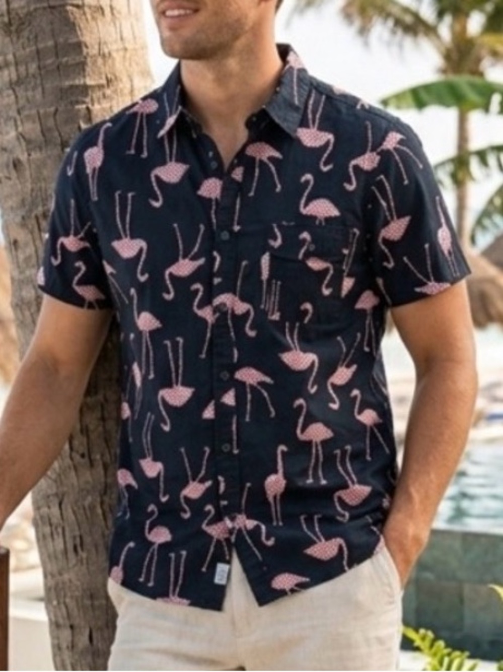 Flamingo Cotton Button Down Mens Shirt M Black Pink Short Sleeve Tropical Summer